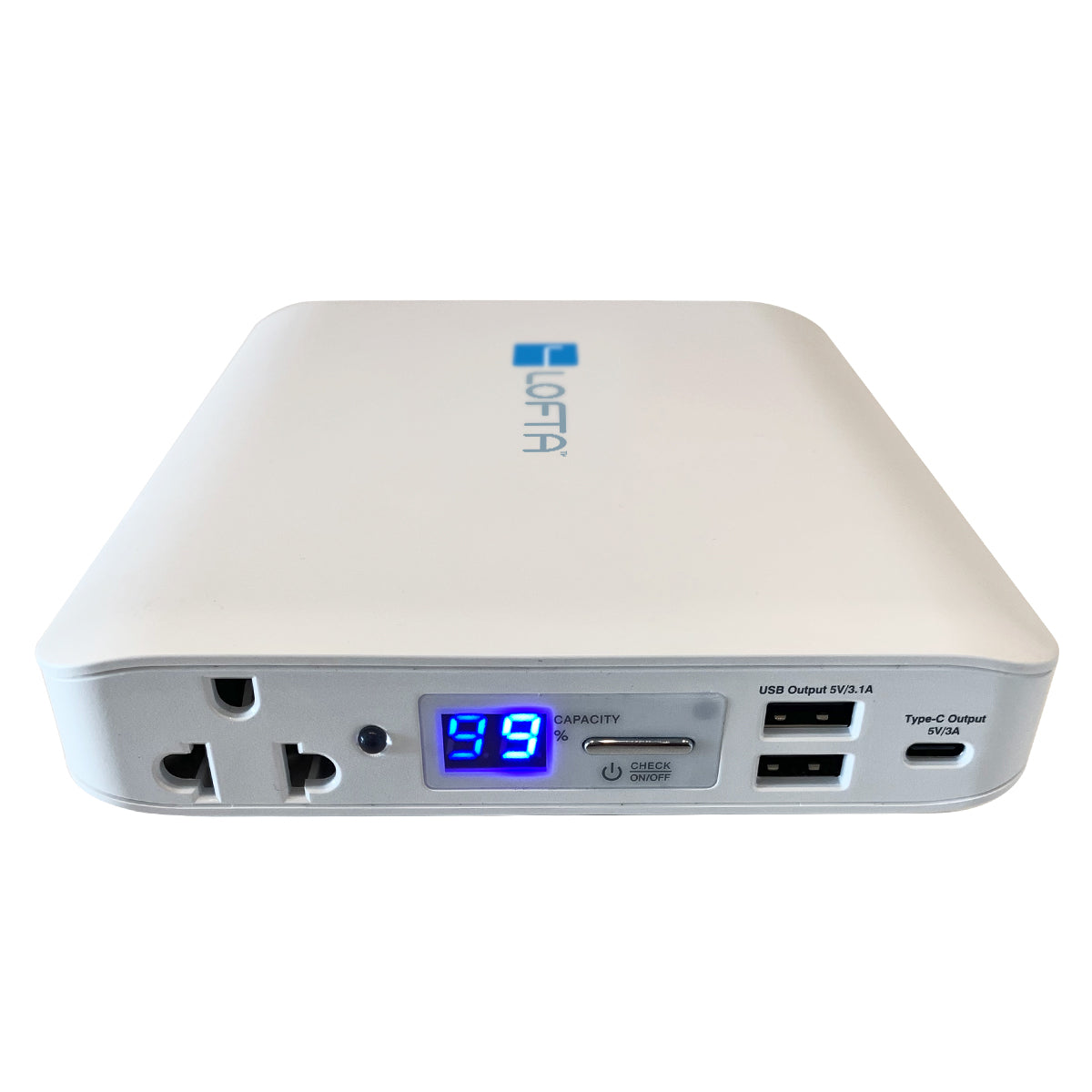 Lofta Explore 4000 CPAP Backup Battery from the front with LCD display and inputs visible.